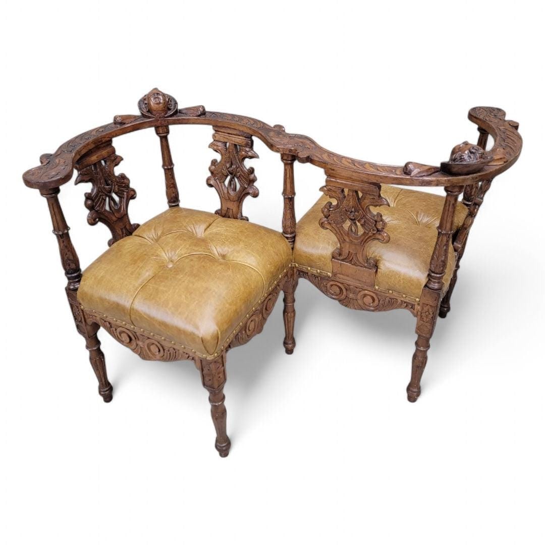 Antique Italian Renaissance Revival Carved Figural Tufted Tete-a-Tete Bench Newly Reupholstered - 2