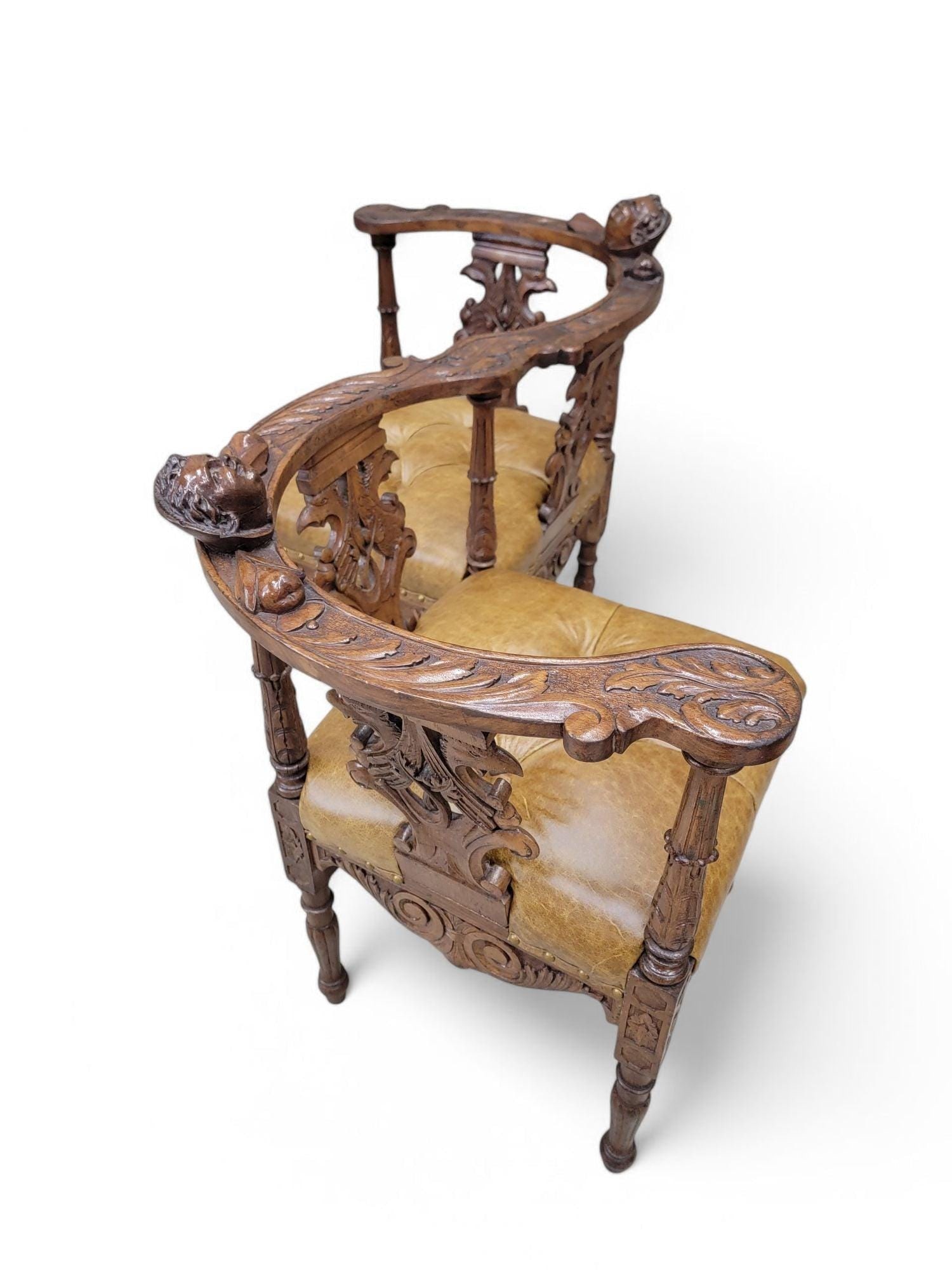 Antique Italian Renaissance Revival Carved Figural Tufted Tete-a-Tete Bench Newly Reupholstered - 3