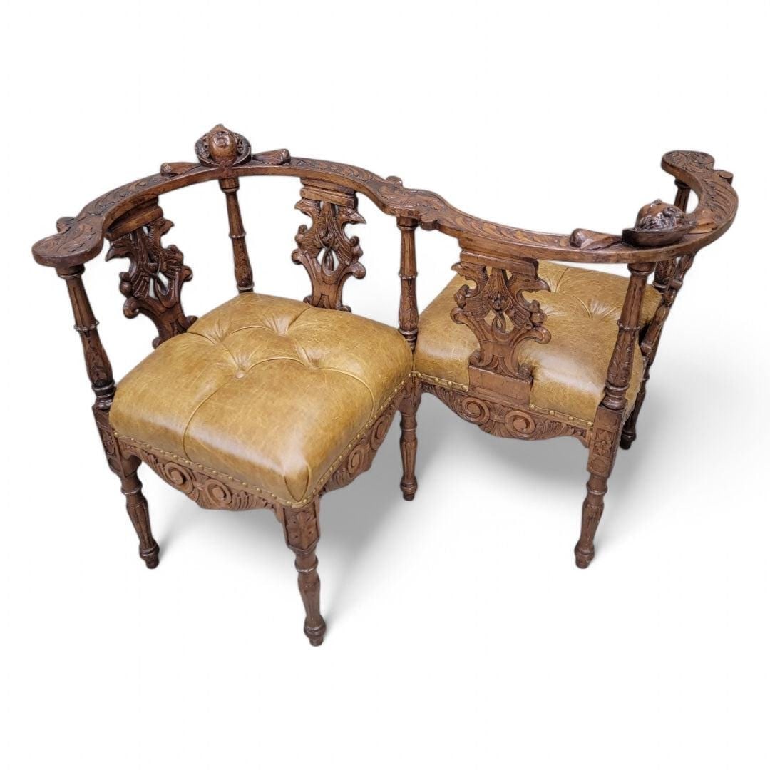 Antique Italian Renaissance Revival Carved Figural Tufted Tete-a-Tete Bench Newly Reupholstered - 4