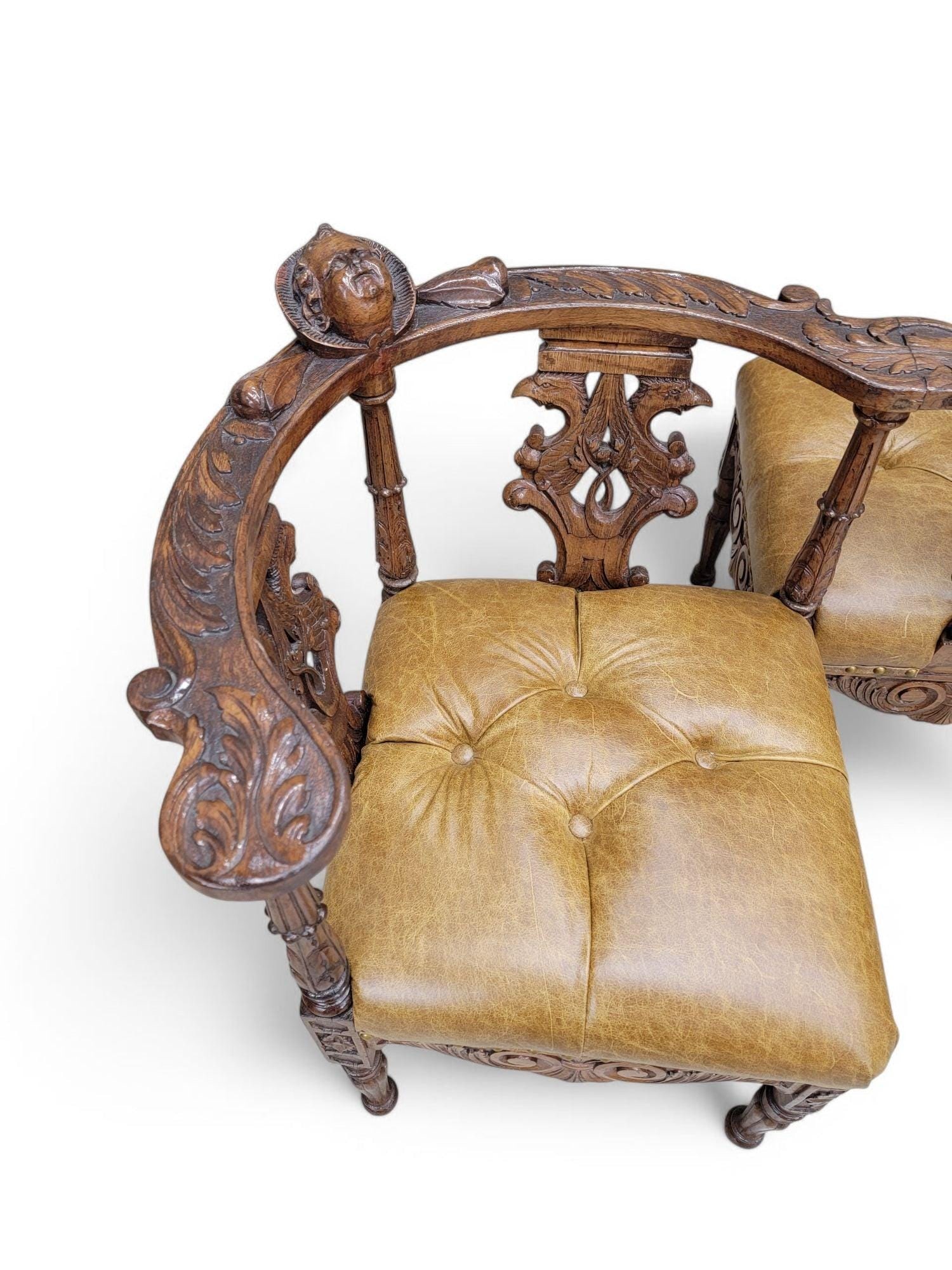 Antique Italian Renaissance Revival Carved Figural Tufted Tete-a-Tete Bench Newly Reupholstered - 5