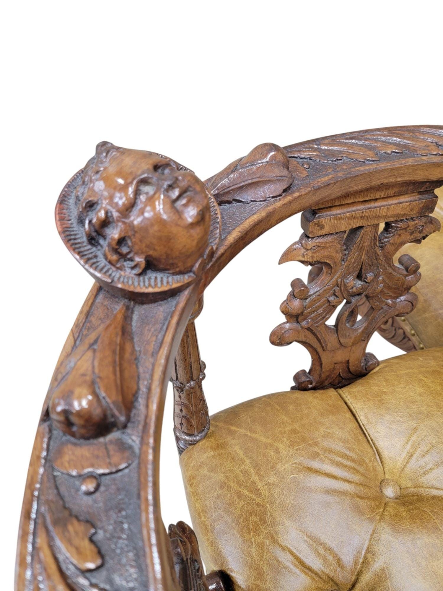 Antique Italian Renaissance Revival Carved Figural Tufted Tete-a-Tete Bench Newly Reupholstered - 6