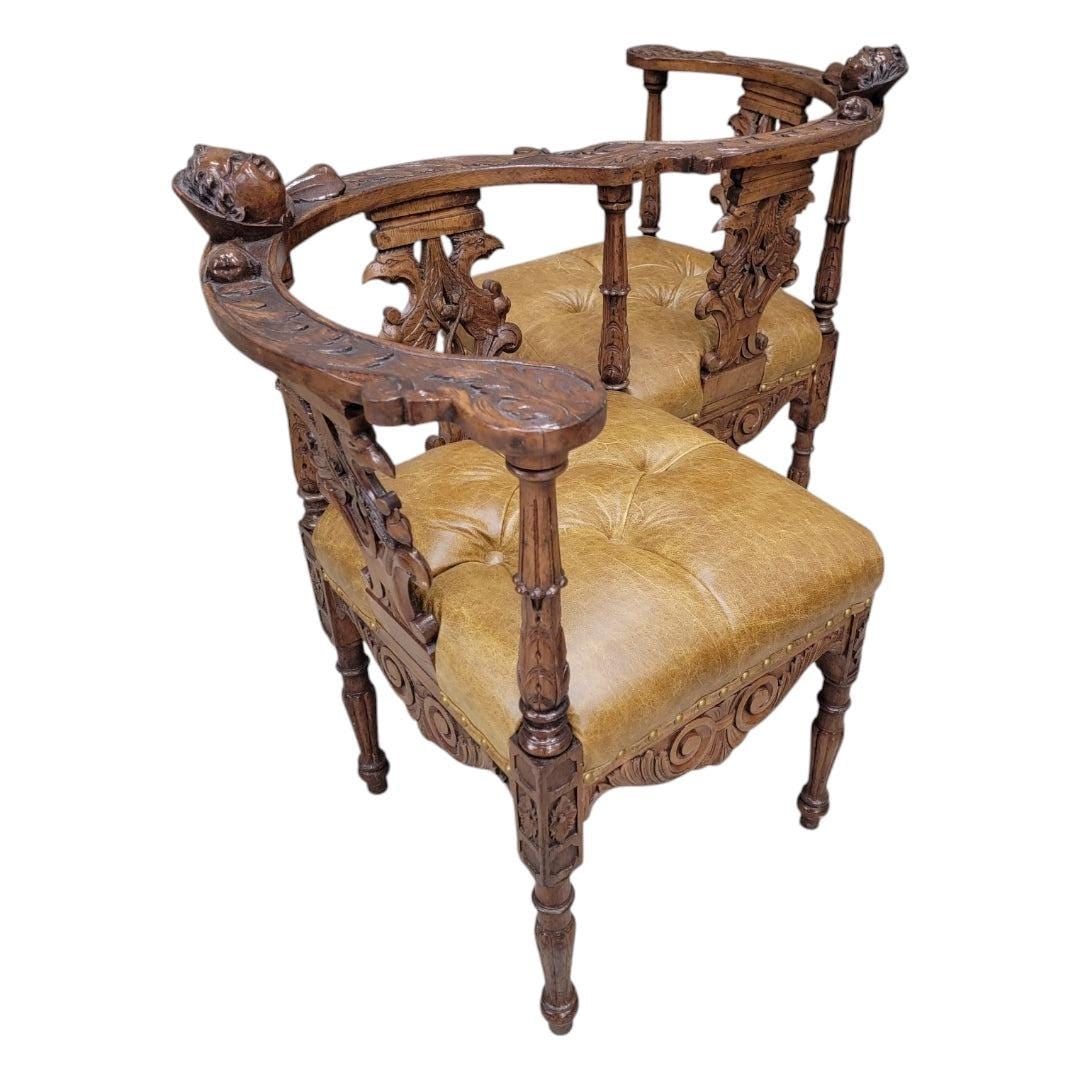 Antique Italian Renaissance Revival Carved Figural Tufted Tete-a-Tete Bench Newly Reupholstered - 7