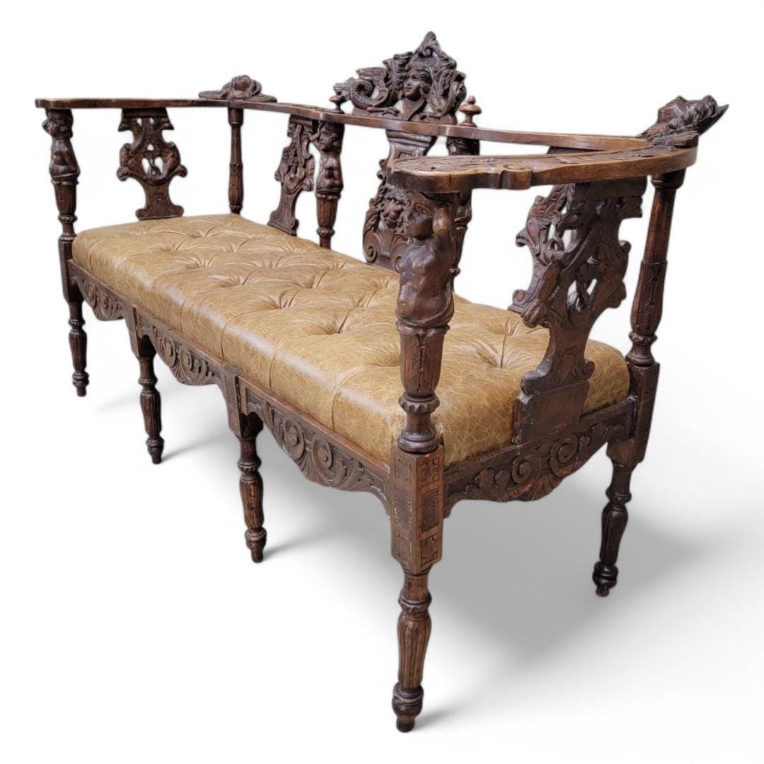 Antique Italian Renaissance Revival Ornate Figural Tufted Parlor Bench Newly Reupholstered - 3