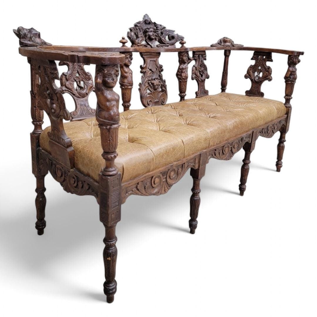 Antique Italian Renaissance Revival Ornate Figural Tufted Parlor Bench Newly Reupholstered - 4