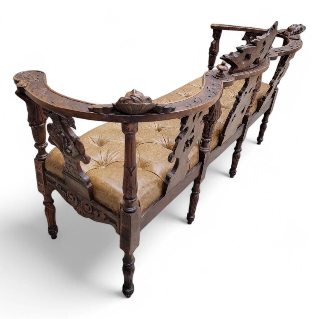 Antique Italian Renaissance Revival Ornate Figural Tufted Parlor Bench Newly Reupholstered - 5