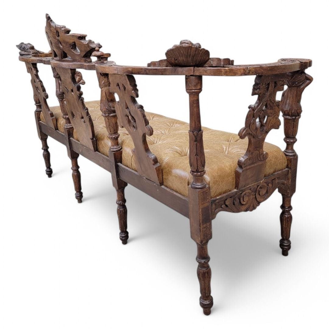 Antique Italian Renaissance Revival Ornate Figural Tufted Parlor Bench Newly Reupholstered - 6