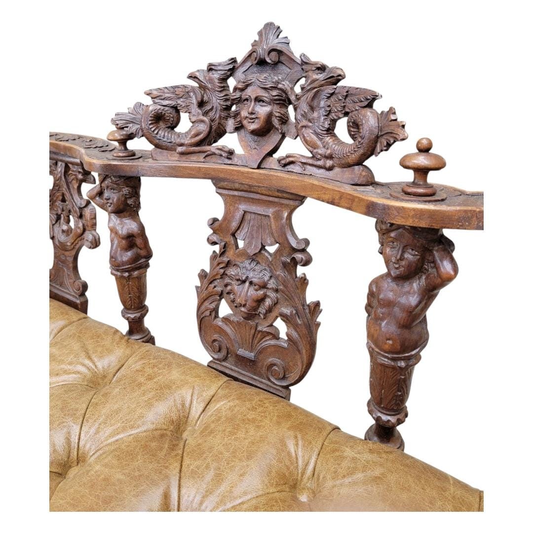 Antique Italian Renaissance Revival Ornate Figural Tufted Parlor Bench Newly Reupholstered - 7