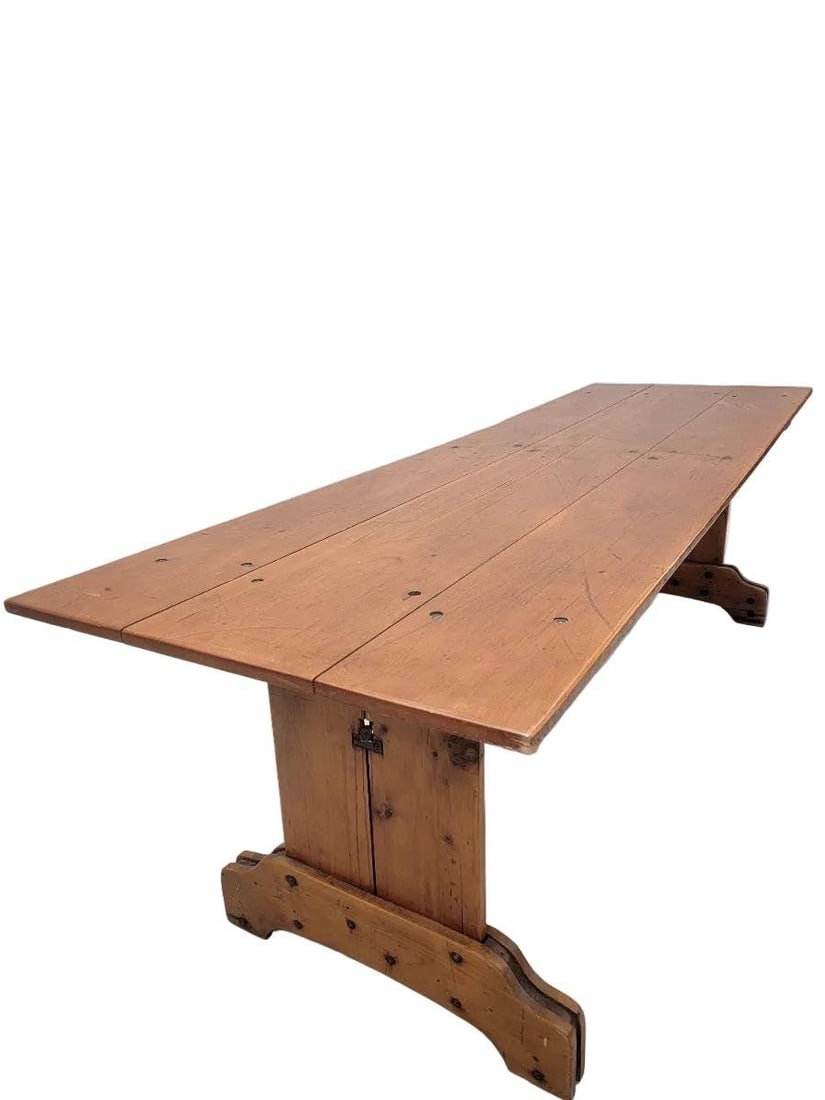 Antique French Pine Plank Trestle Farm Table - 6