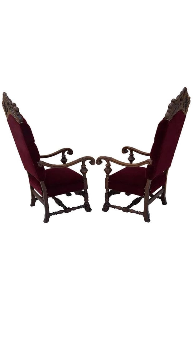 Antique French Regency Style Caved Throne Chairs Newly Reupholstered - Pair - 2