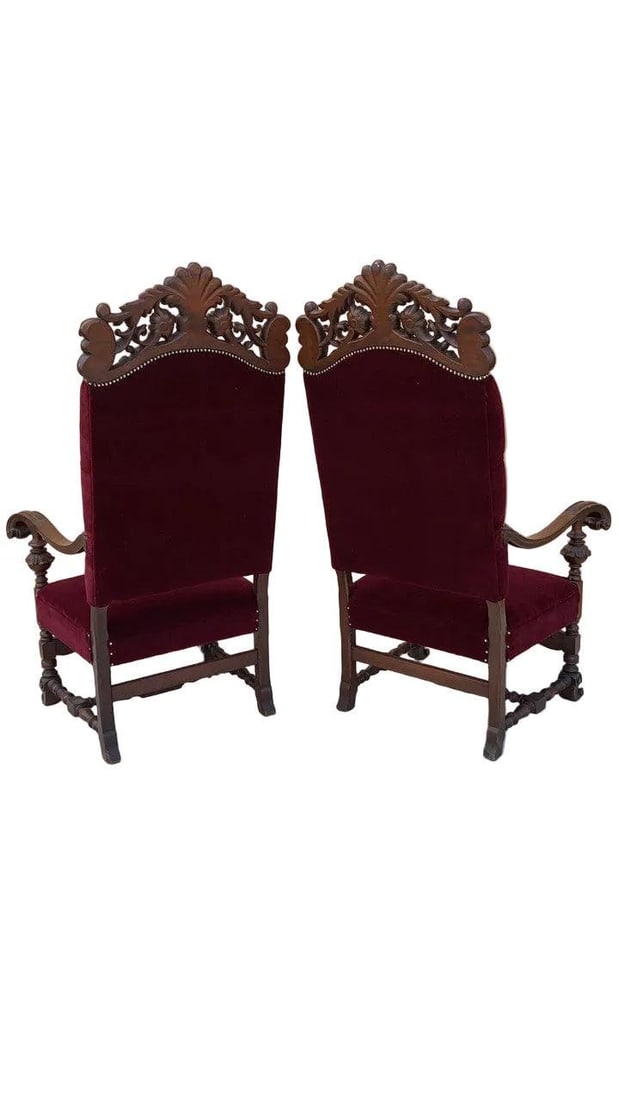 Antique French Regency Style Caved Throne Chairs Newly Reupholstered - Pair - 3