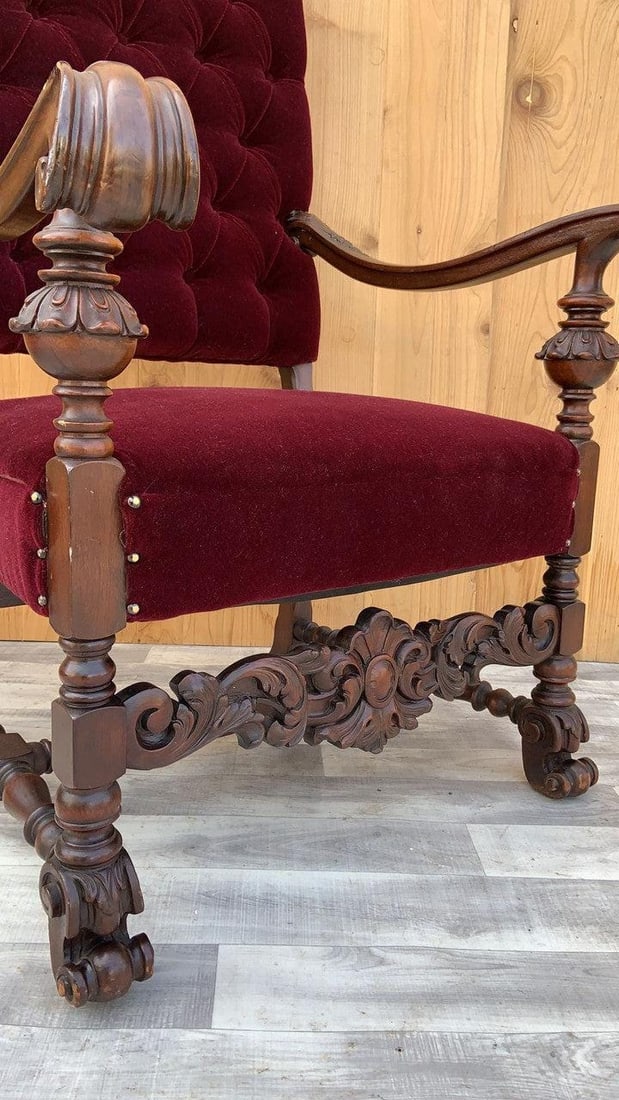 Antique French Regency Style Caved Throne Chairs Newly Reupholstered - Pair - 5