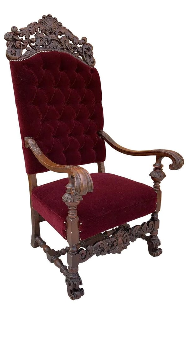 Antique French Regency Style Caved Throne Chairs Newly Reupholstered - Pair - 6