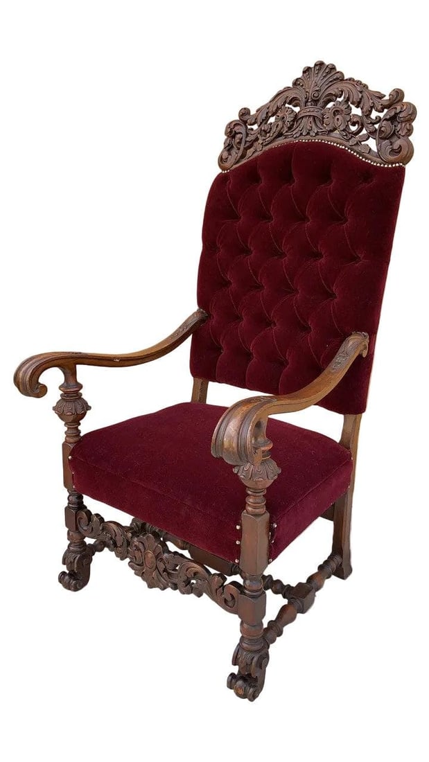 Antique French Regency Style Caved Throne Chairs Newly Reupholstered - Pair - 7
