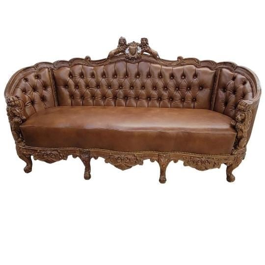 Antique Italian Rococo Style Tufted Lion Motif Sofa and Chair Set Newly Reupholstered - 2