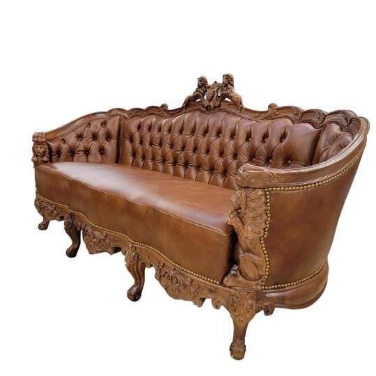 Antique Italian Rococo Style Tufted Lion Motif Sofa and Chair Set Newly Reupholstered - 3