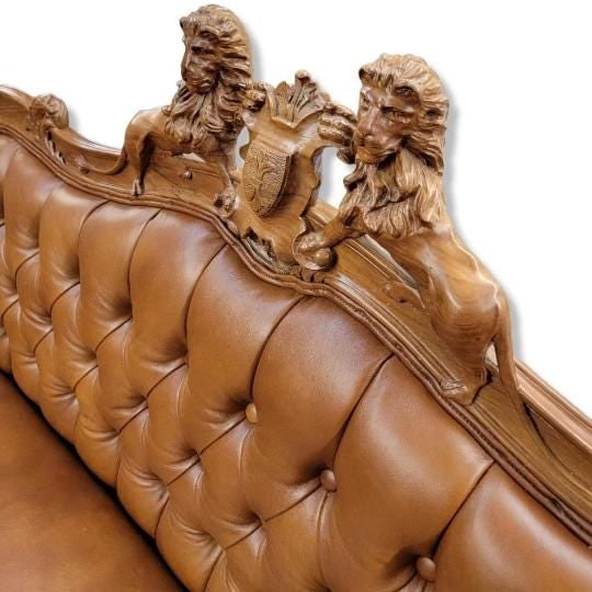 Antique Italian Rococo Style Tufted Lion Motif Sofa and Chair Set Newly Reupholstered - 4