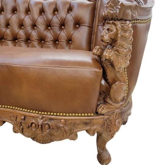 Antique Italian Rococo Style Tufted Lion Motif Sofa and Chair Set Newly Reupholstered - 6
