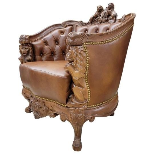 Antique Italian Rococo Style Tufted Lion Motif Sofa and Chair Set Newly Reupholstered - 7
