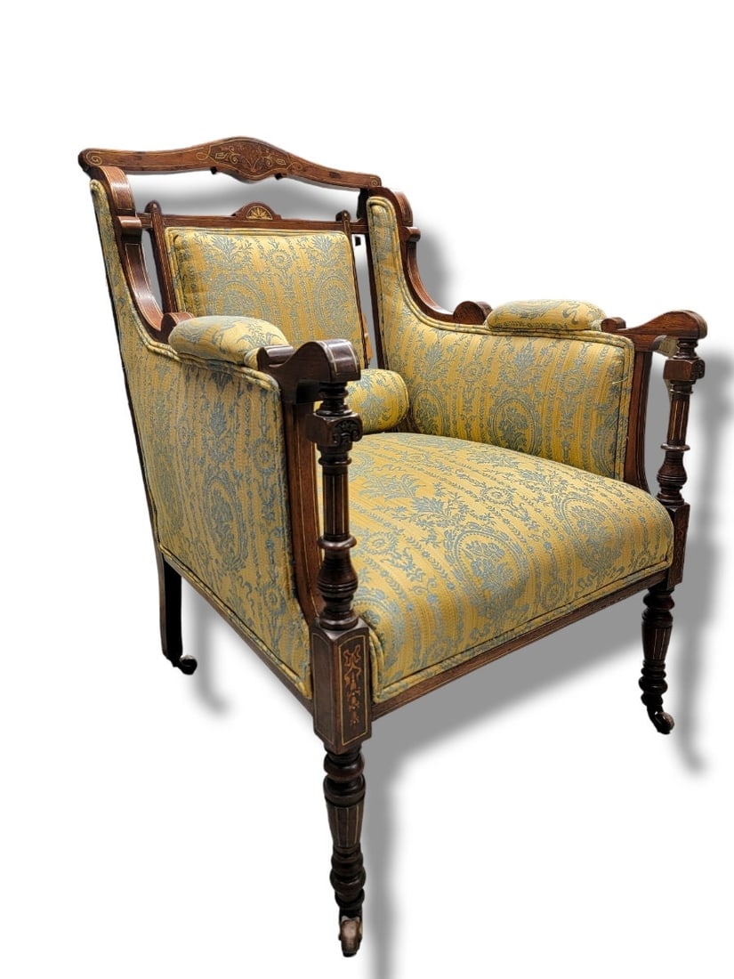 Antique Biedermeier Inlaid Silk Upholstered Carved Armchair - 2