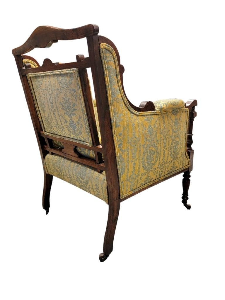 Antique Biedermeier Inlaid Silk Upholstered Carved Armchair - 3