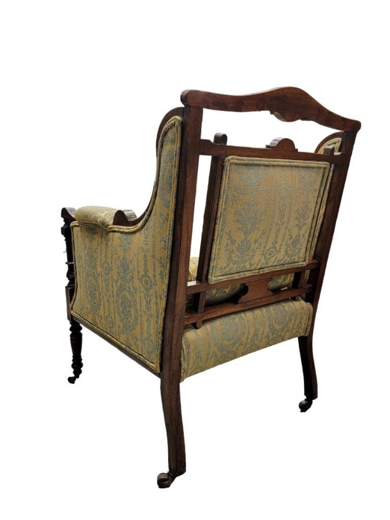 Antique Biedermeier Inlaid Silk Upholstered Carved Armchair - 4