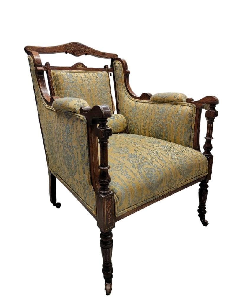 Antique Biedermeier Inlaid Silk Upholstered Carved Armchair - 5