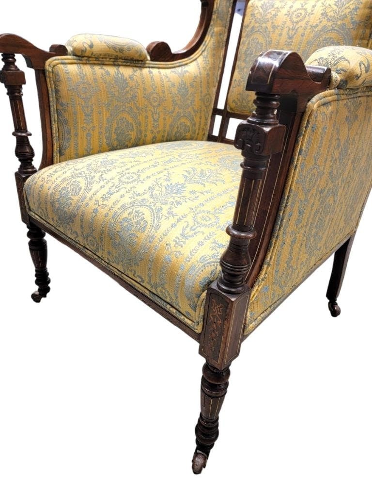 Antique Biedermeier Inlaid Silk Upholstered Carved Armchair - 6