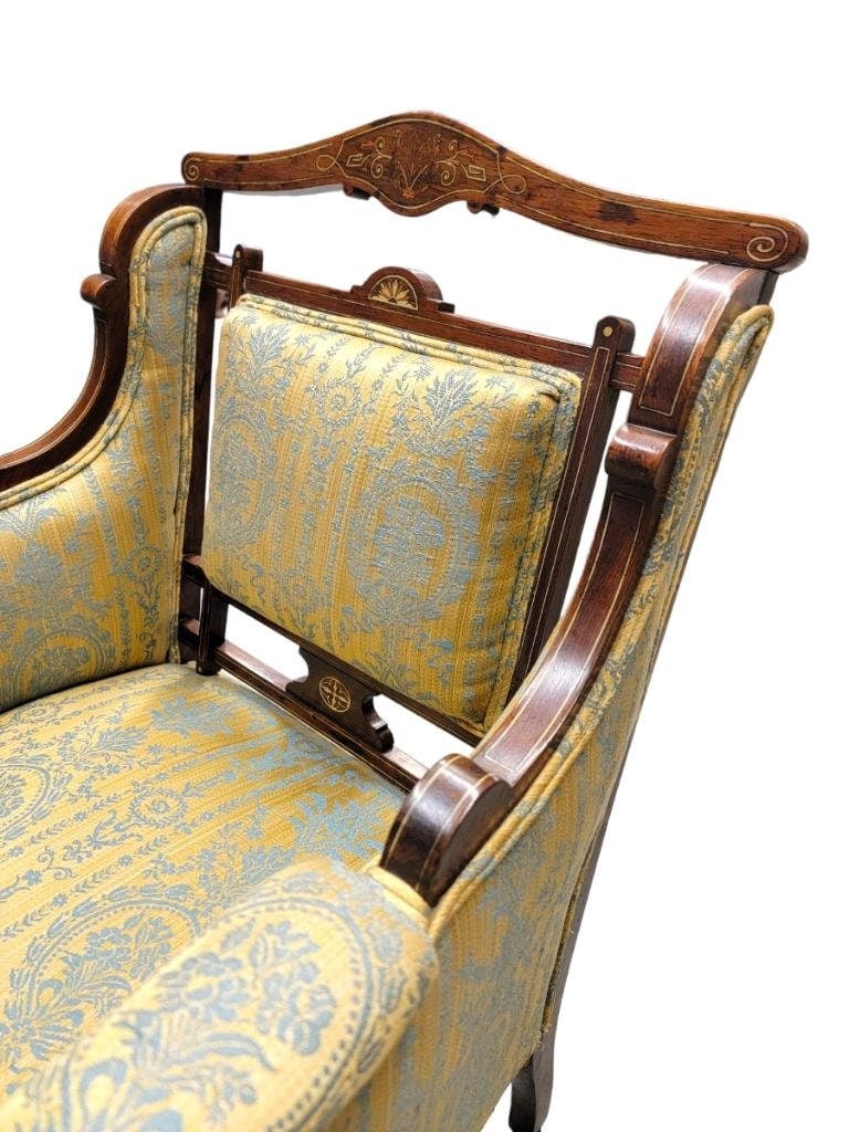 Antique Biedermeier Inlaid Silk Upholstered Carved Armchair - 7