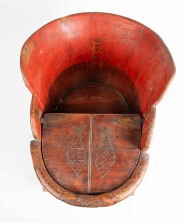 Antique Chinese Qing Dynasty Red Lacquer Child’s Wagon / Wash Tub - 2