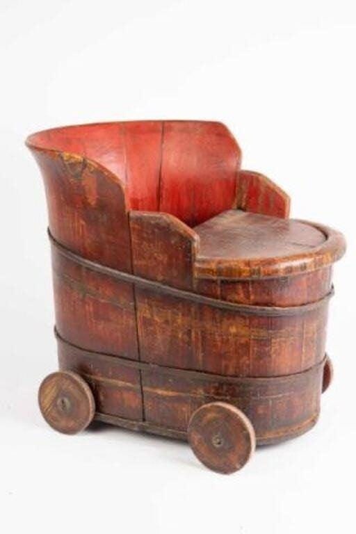 Antique Chinese Qing Dynasty Red Lacquer Child’s Wagon / Wash Tub - 4