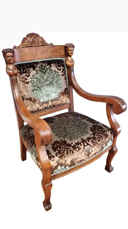 Antique Figural Carved Ornate Armchair by Karpen Furniture Co. Newly Reupholstered - 2