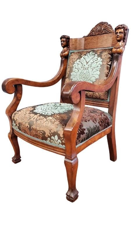 Antique Figural Carved Ornate Armchair by Karpen Furniture Co. Newly Reupholstered - 5