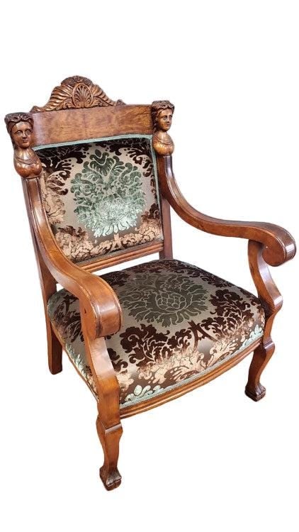 Antique Figural Carved Ornate Armchair by Karpen Furniture Co. Newly Reupholstered - 6
