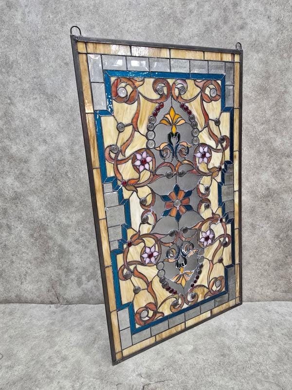 Antique Multi Color Floral Stained Glass Window - Pair - 2