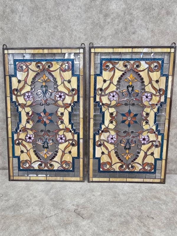 Antique Multi Color Floral Stained Glass Window - Pair - 3