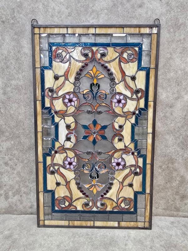Antique Multi Color Floral Stained Glass Window - Pair - 4