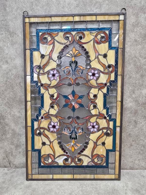 Antique Multi Color Floral Stained Glass Window - Pair - 5