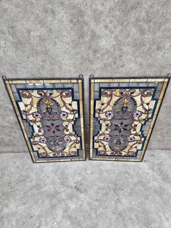 Antique Multi Color Floral Stained Glass Window - Pair - 6