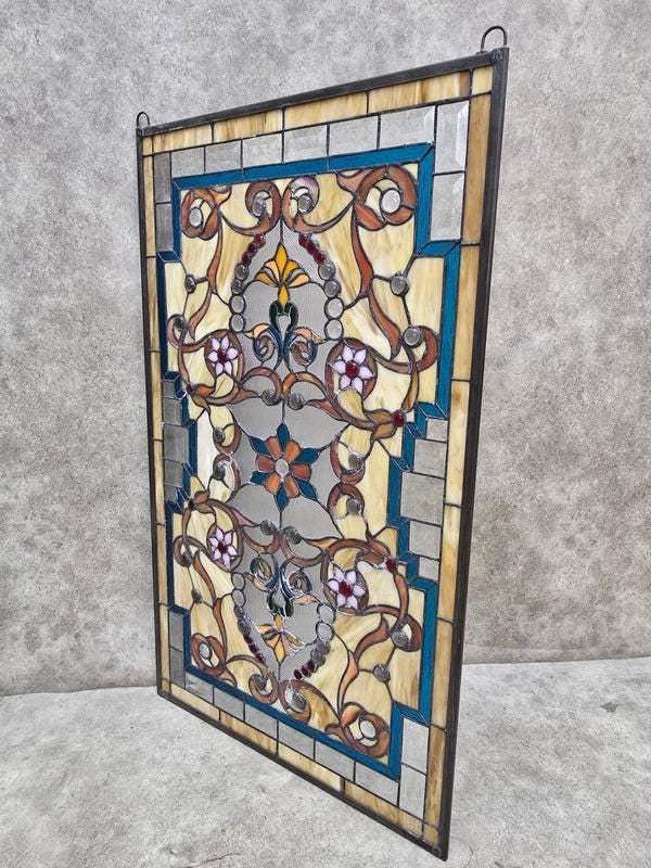 Antique Multi Color Floral Stained Glass Window - Pair - 7