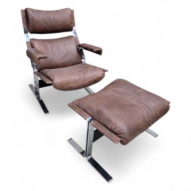 MCM Richard Hersberger Brown Leather Lounge Chairs and Ottoman - 2