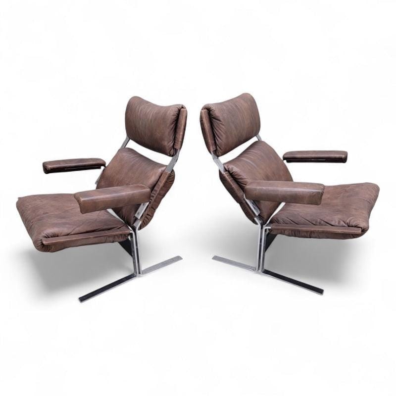 MCM Richard Hersberger Brown Leather Lounge Chairs and Ottoman - 4