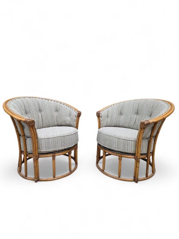 MCM Heywood Wakefield “Ashcraft” Bamboo Style Rattan Chairs Newly Reupholstered – - 3