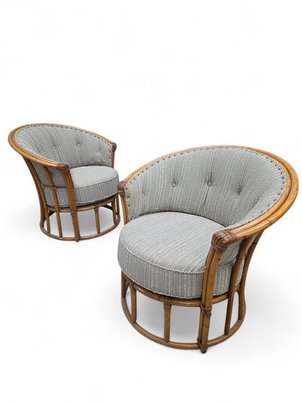 MCM Heywood Wakefield “Ashcraft” Bamboo Style Rattan Chairs Newly Reupholstered – - 4