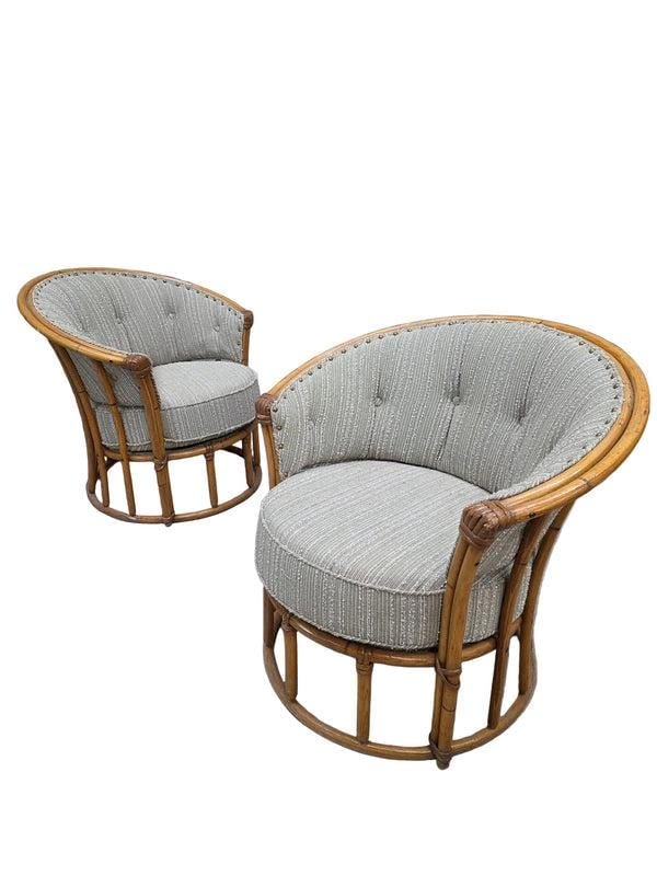 MCM Heywood Wakefield “Ashcraft” Bamboo Style Rattan Chairs Newly Reupholstered – - 5
