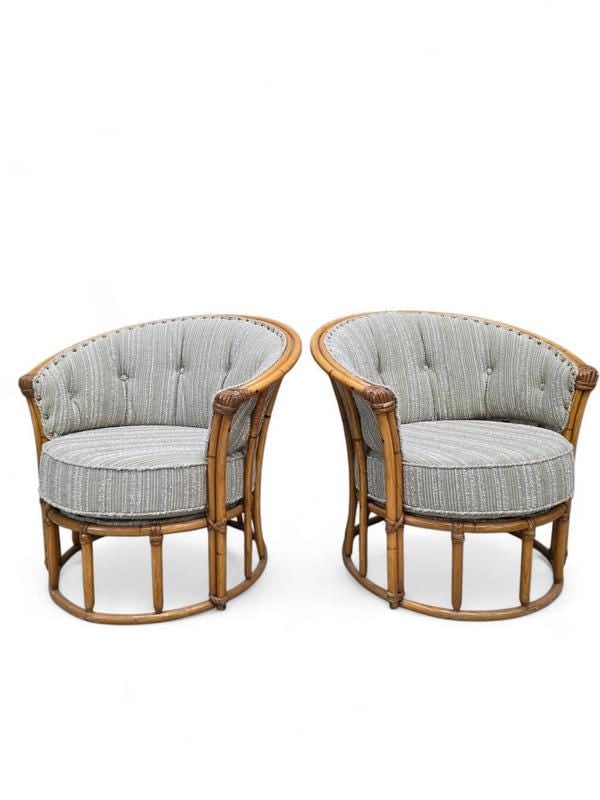 MCM Heywood Wakefield “Ashcraft” Bamboo Style Rattan Chairs Newly Reupholstered – - 7