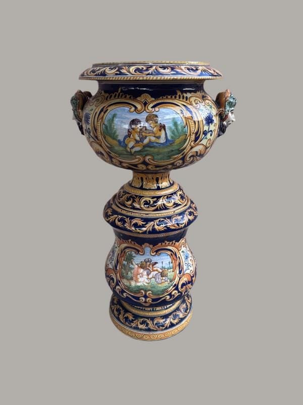 Antique French Montagnon Nevers Majolica Jardinière on Pedestal - 3