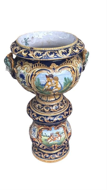 Antique French Montagnon Nevers Majolica Jardinière on Pedestal - 5