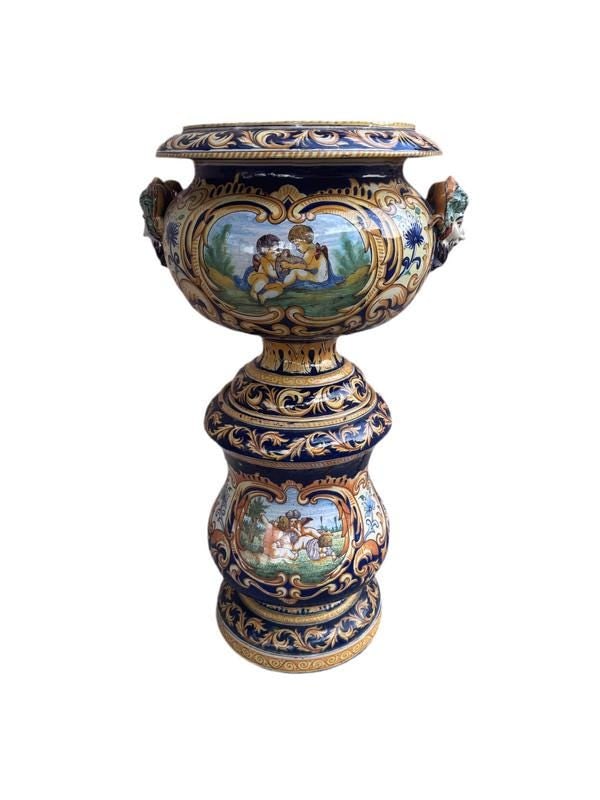 Antique French Montagnon Nevers Majolica Jardinière on Pedestal - 6