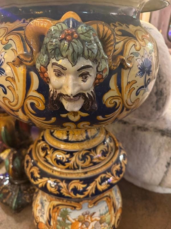 Antique French Montagnon Nevers Majolica Jardinière on Pedestal - 7