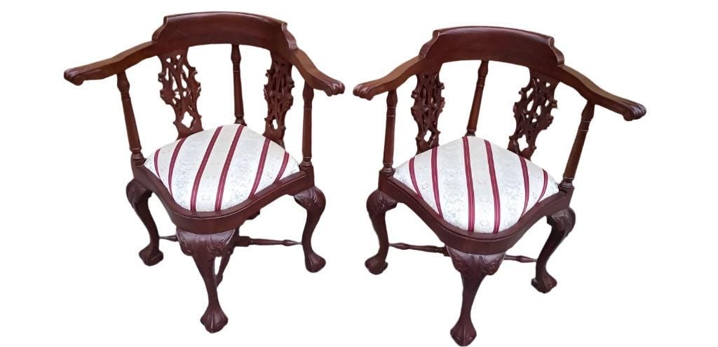 Antique English Carved Corner Chair - Pair - 2